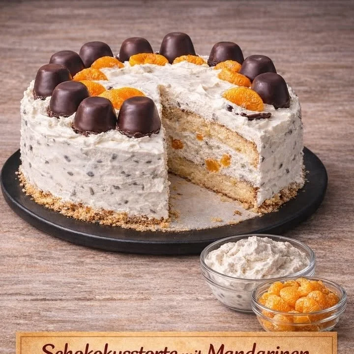 Schokokusstorte mit Mandarinen auf einem Teller serviert