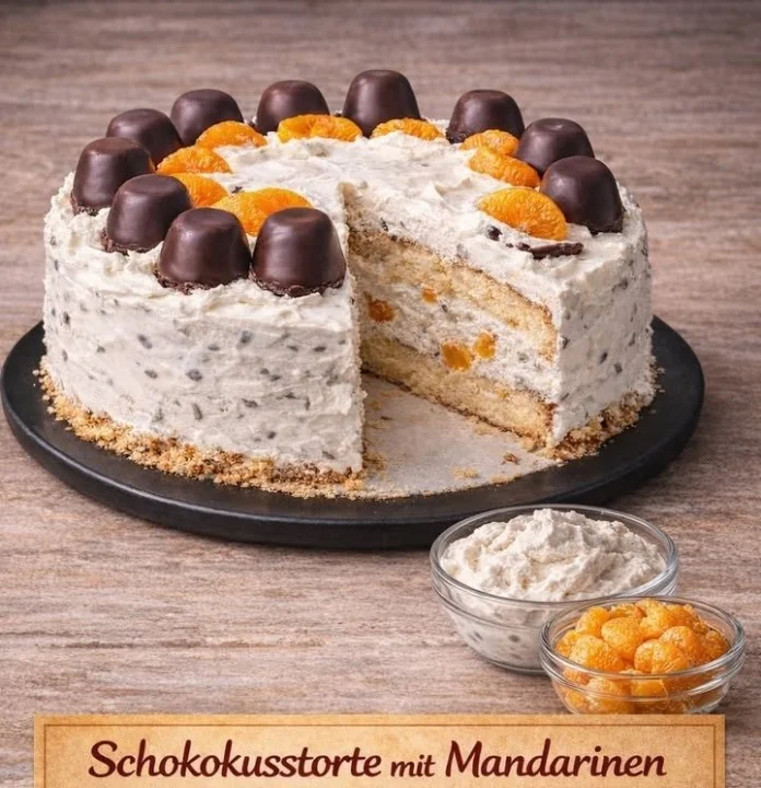 Schokokusstorte mit Mandarinen auf einem Teller angerichtet