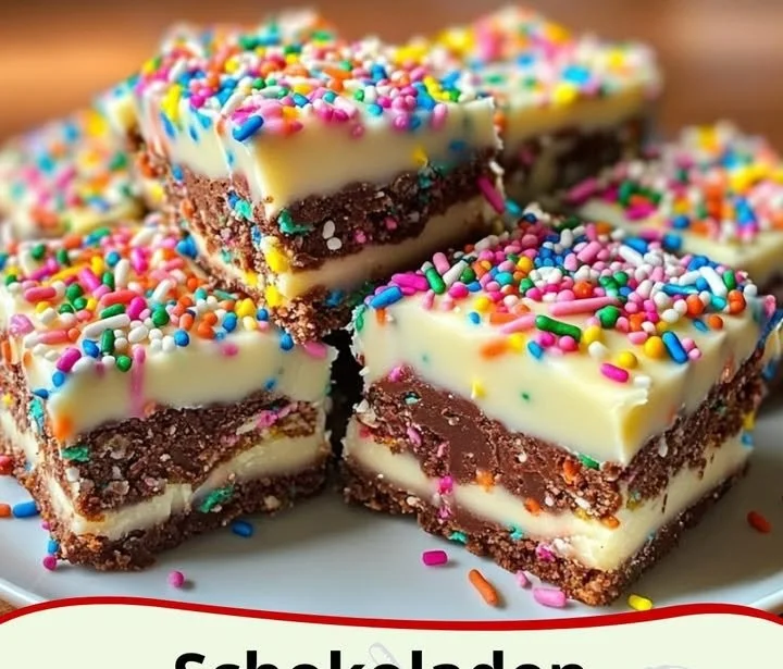 Schokoladen-Funfetti-Riegel mit bunten Streuseln auf einem Holzbrett