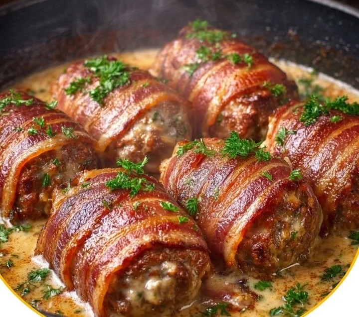 Schwarzwälder Hackrouladen auf einem Teller angerichtet.