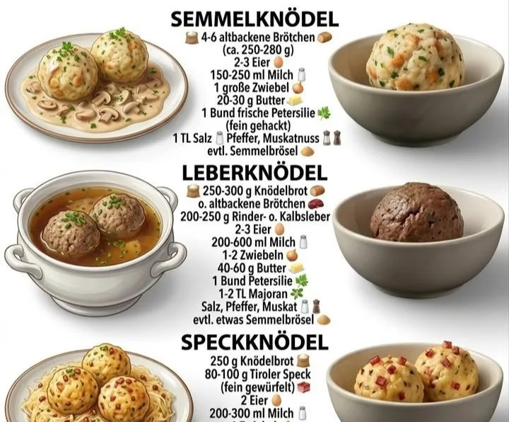 Vielfalt an Knödel: Semmelknödel, Leberknödel, Speckknödel und Serviettenknödel auf einem Teller.