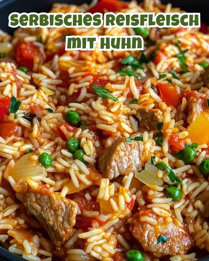 Serbisches Reisfleisch mit Paprika und Huhn auf einem Teller angerichtet