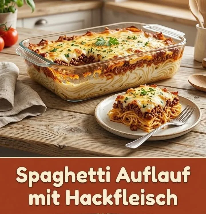 Spaghetti Auflauf mit Hackfleisch auf einem Teller serviert