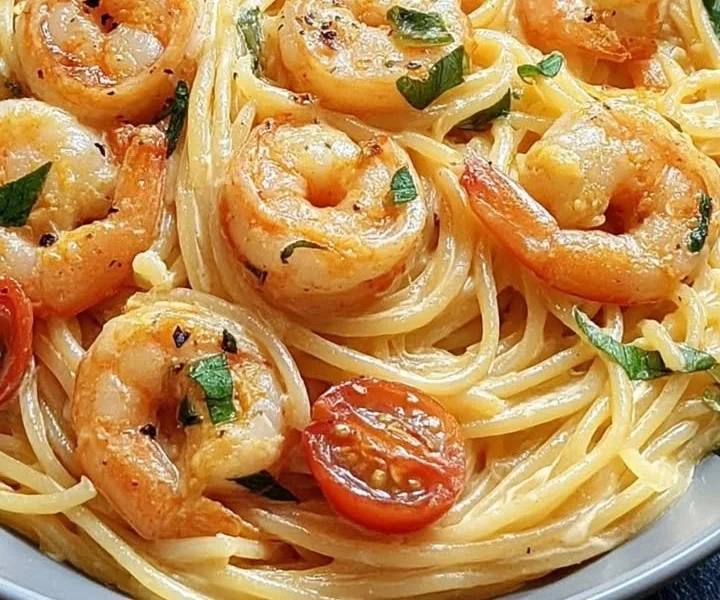 Spaghetti Garnelen in cremiger Frischkäsesauce serviert mit frischen Kräutern