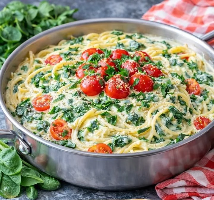 Spaghetti mit Spinat und Frischkäse-Sauce auf einem Teller serviert.