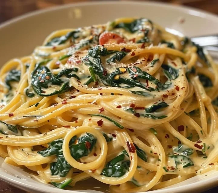 Spaghetti with spinach cream cheese sauce