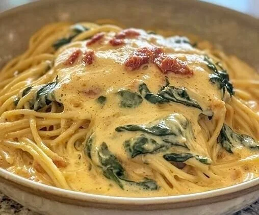 Spaghetti mit Spinatsahne und Frischkäse Sauce auf einem Teller serviert