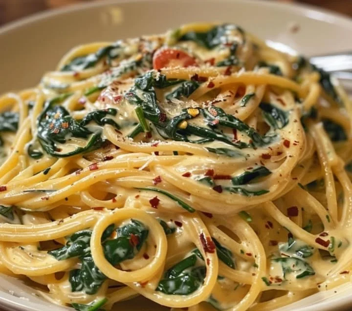 Spaghetti mit cremiger Spinat-Frischkäsesauce auf einem Teller serviert.