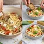 Leckerer Spaghettisalat mit frischen Zutaten auf einem Teller angerichtet