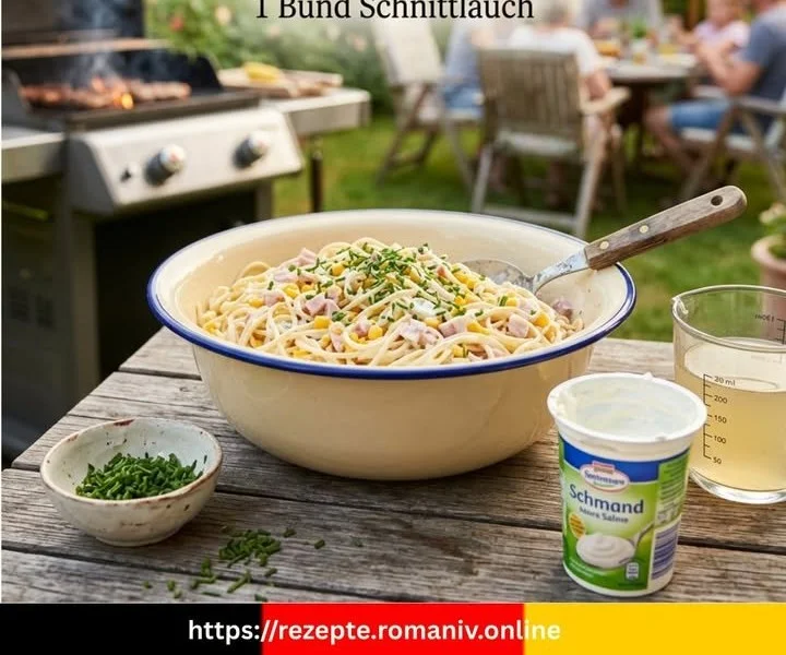 Leckerer Spaghettisalat mit frischem Gemüse und Dressing