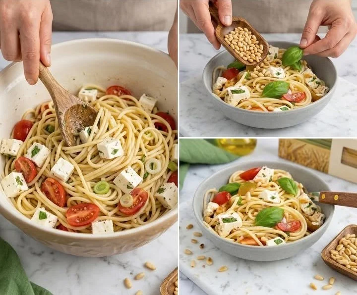 Leckerer Spaghettisalat mit frischem Gemüse und Dressing