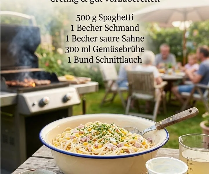 Frischer Spaghettisalat mit buntem Gemüse und leckeren Zutaten