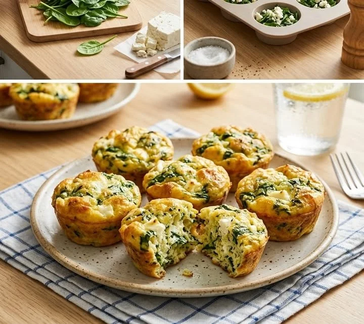 Gesunde Spinat-Feta-Ei-Muffins auf einem Teller, ideal zum Frühstück oder Snack.
