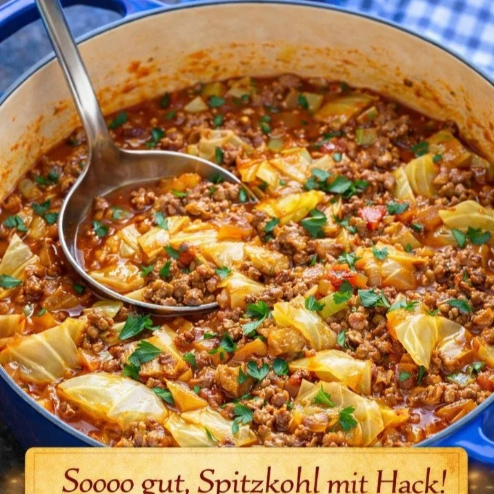 Spitzkohlpfanne mit Hackfleisch in einer Pfanne serviert