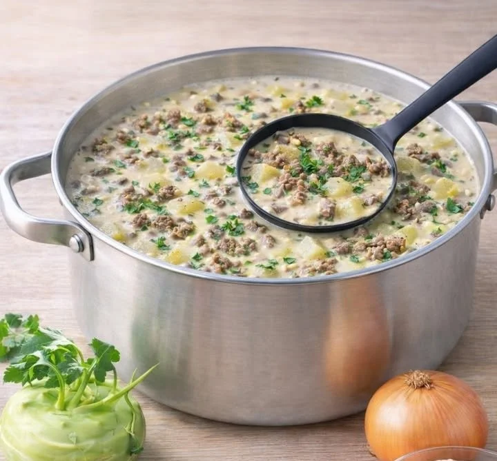 Suchtgefährliche Kohlrabi-Hackfleischsuppe in einer Schüssel serviert