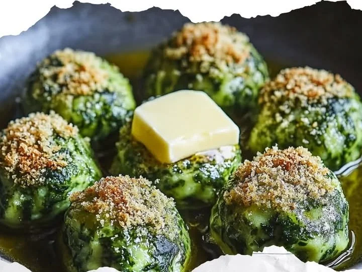 Südtiroler Spinatknödel mit Butter und Parmesan auf einem Teller angerichtet.