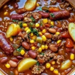 Texanischer Cowboy-Eintopf mit Bohnen und Fleisch in einer Schüssel