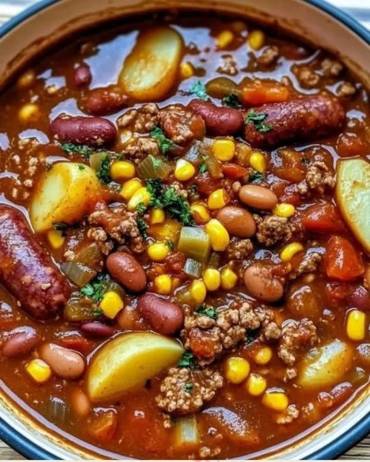 Texanischer Cowboy-Eintopf mit Bohnen und Fleisch in einer Schüssel