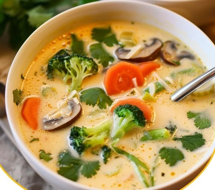 Thai-Coconut-Suppe mit Gemüse in einer Schüssel serviert