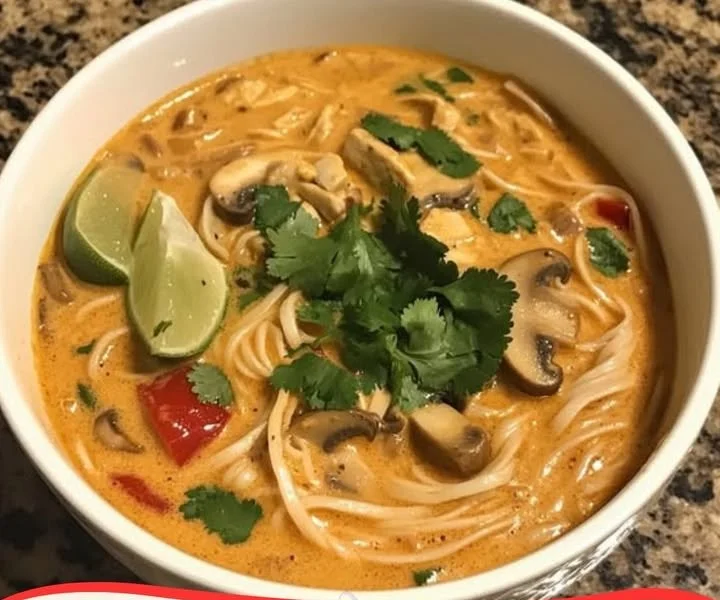 Schüssel mit thailändischer Kokos-Curry-Nudelsuppe