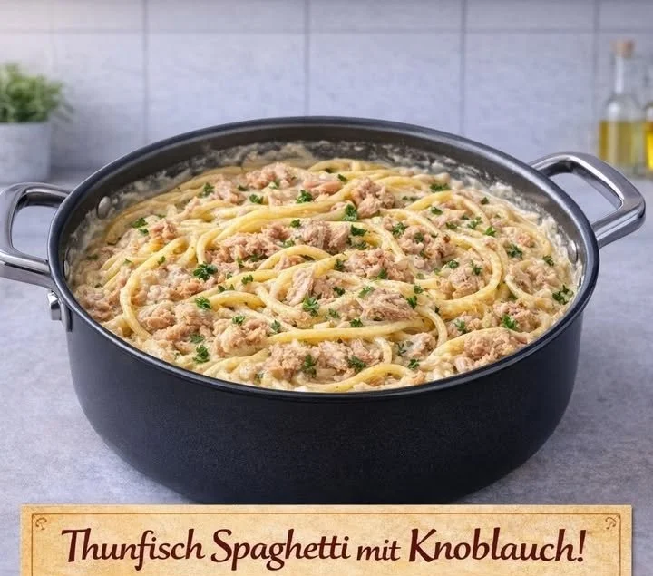 Thunfisch-Spaghetti mit Knoblauch in einem Teller serviert