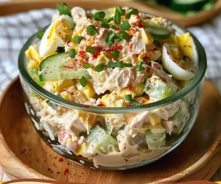 Thunfischsalat mit Ei und Gurke auf einem Teller