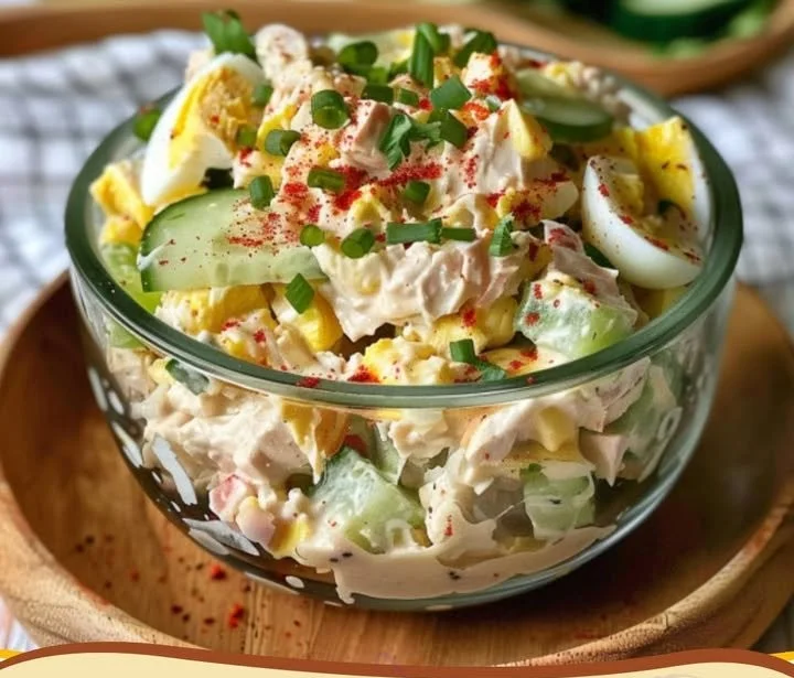 Thunfischsalat mit Ei und Gurke in einer weißen Schüssel
