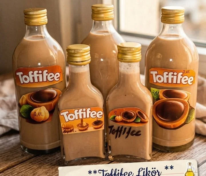 Flasche Toffifee Likör auf einem Tisch mit Süßigkeiten