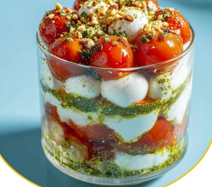 Tomaten-Mozzarella-Tiramisu im Glas, ein kreatives italienisches Dessert