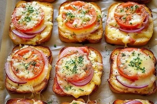 Köstlicher Tomaten Mozzarella Toast, frisch zubereitet mit saftigen Tomaten und Käse.
