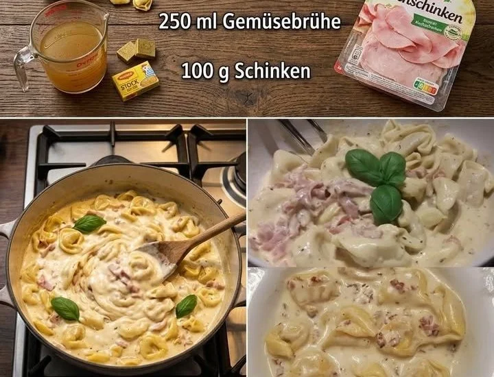 Tortellini in cremiger Käse-Sahne-Soße serviert auf einem Teller