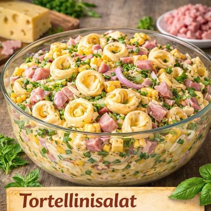 Ein appetitlicher Tortellinisalat mit frischem Gemüse und Kräutern.
