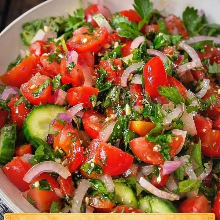 Türkischer Tomatensalat mit frischen Tomaten, Zwiebeln und Kräutern