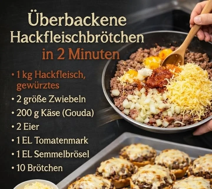 Überbackene Hackfleischbrötchen frisch aus dem Ofen serviert