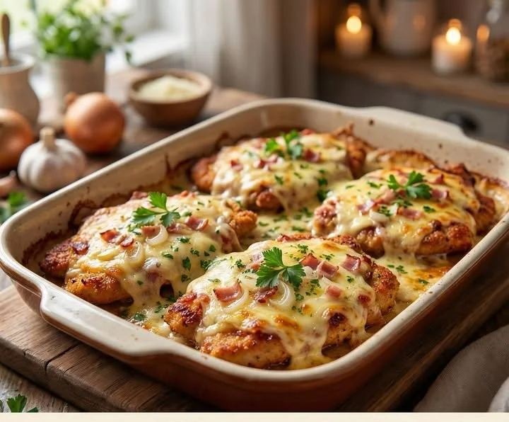 Überbackene Ofen-Schnitzel mit Käse überzogen aus dem Ofen