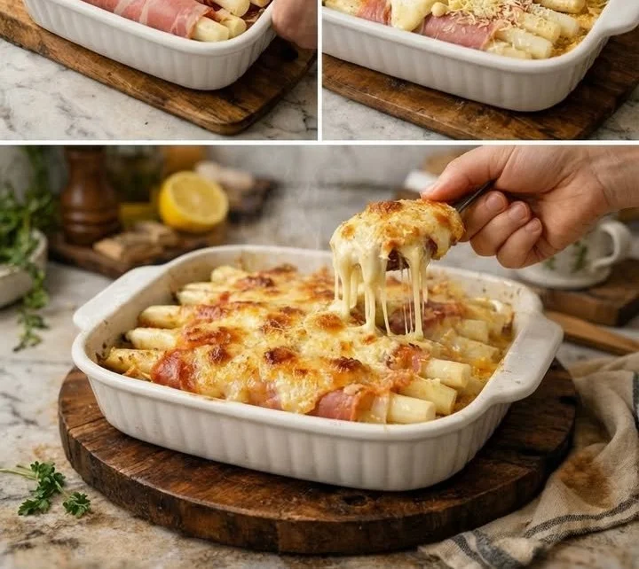 Überbackener weißer Spargel im Schinkenmantel auf einem Teller