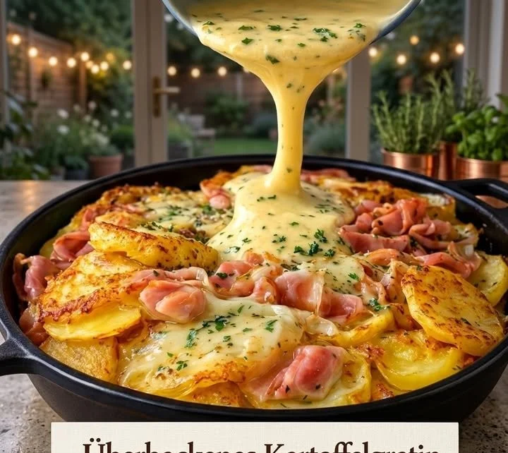 Überbackenes Kartoffelgratin, serviert in einer Auflaufform, mit Käse überbacken.