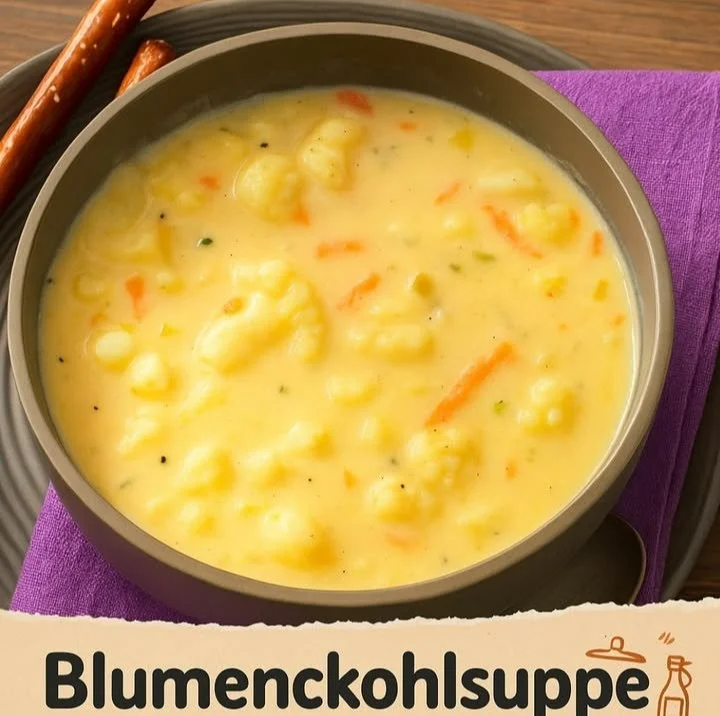 Ultracremige Blumenkohlsuppe in einer Schüssel mit frischen Kräutern garniert.