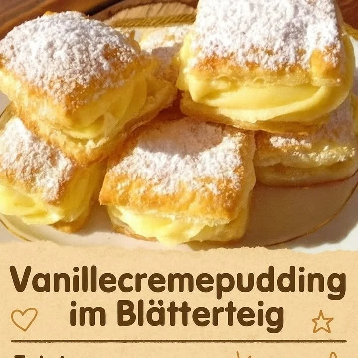 Vanillecremepudding im Blätterteig auf einem Teller serviert