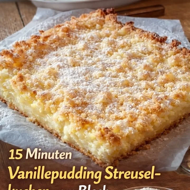 Vanillepudding Streuselkuchen vom Blech mit knusprigen Streuseln und cremiger Füllung.