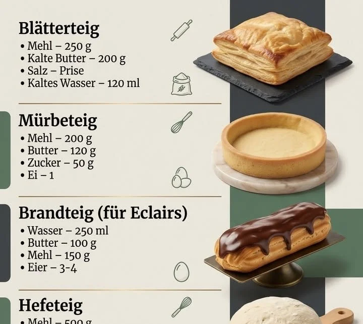 Verschiedene Teigarten für Gebäck, einschließlich Mürbeteig und Hefeteig.