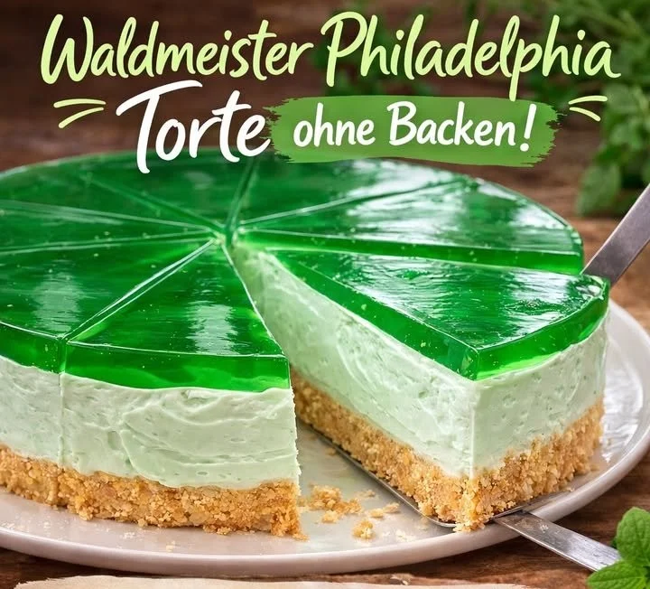 Waldmeister Philadelphia Torte ohne Backen auf einem Teller serviert