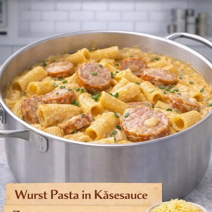 Wurst-Pasta in cremiger Käsesauce auf einem Teller serviert