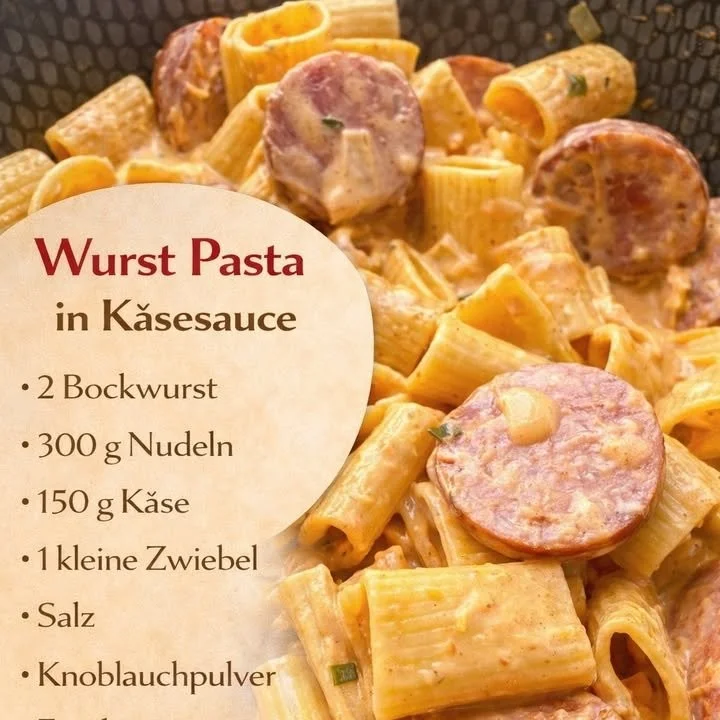 Leckere Wurst Pasta in cremiger Käsesauce serviert auf einem Teller.