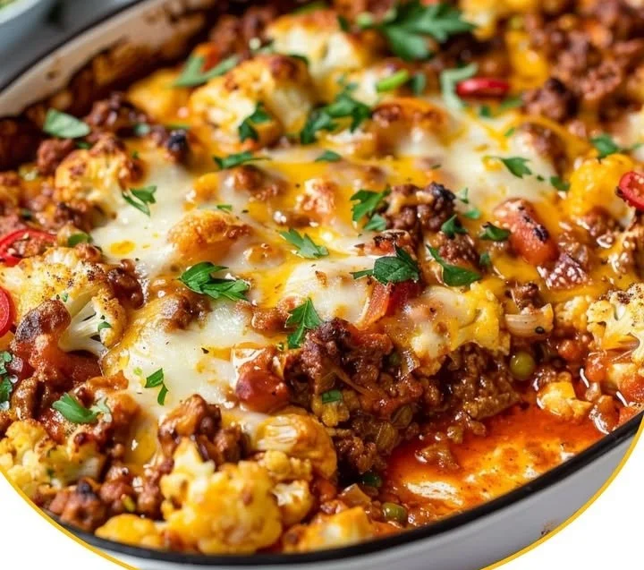 Würziger Blumenkohl-Hackfleisch-Auflauf mit Käseüberbackung