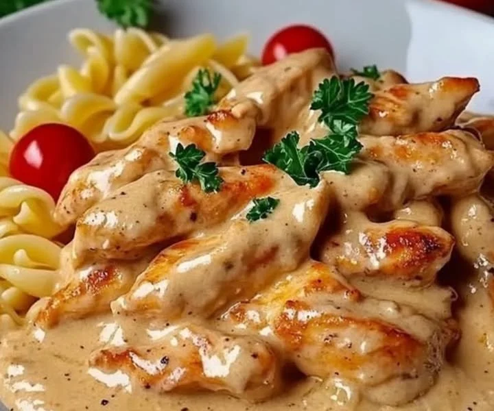 Zarte Hähnchenstreifen mit Nudeln in sahniger Sauce auf einem Teller angerichtet.