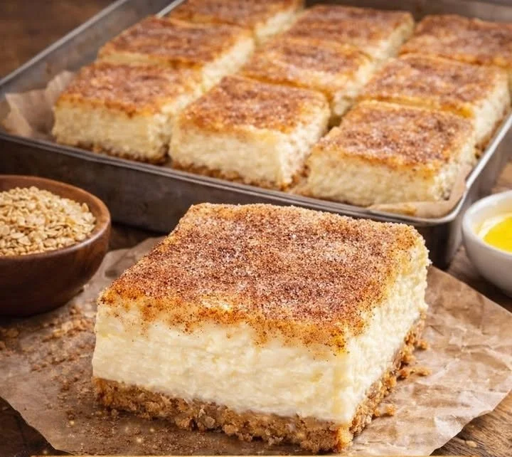 Zimt Käsekuchen serviert auf einem Teller mit Zimtstangen