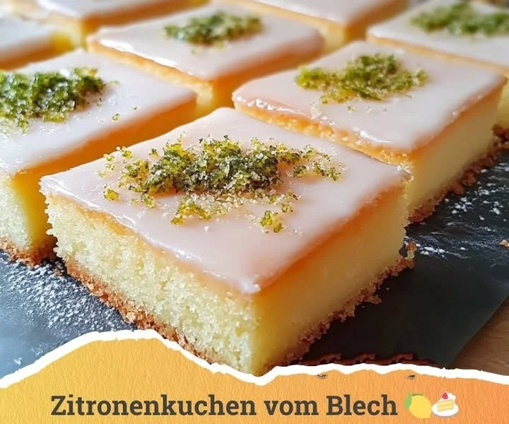 Saftiger Zitronenkuchen mit Zitronenglasur auf einem rustikalen Holzbrett.