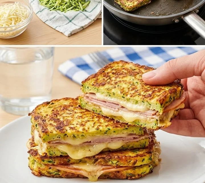 Zucchini-Käse-Toast auf einem Teller, garniert mit frischen Kräutern.