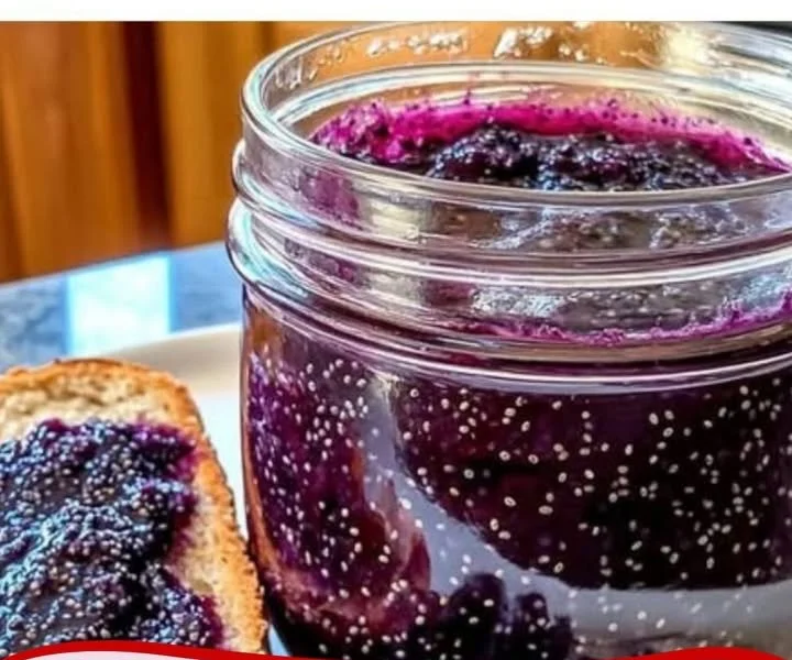 Zuckerfreie Heidelbeer-Chia-Marmelade in einem Glas auf einem Holztisch